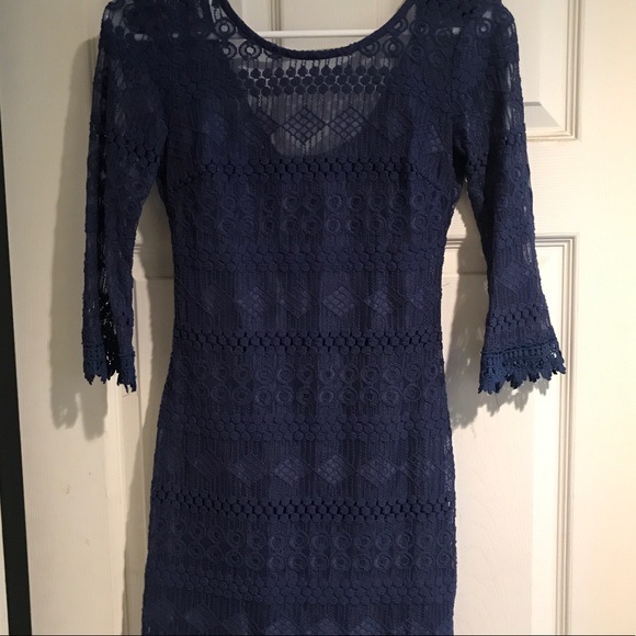 Lace 3/4 Sleeve Navy Blue Dress - Picture 2 of 3